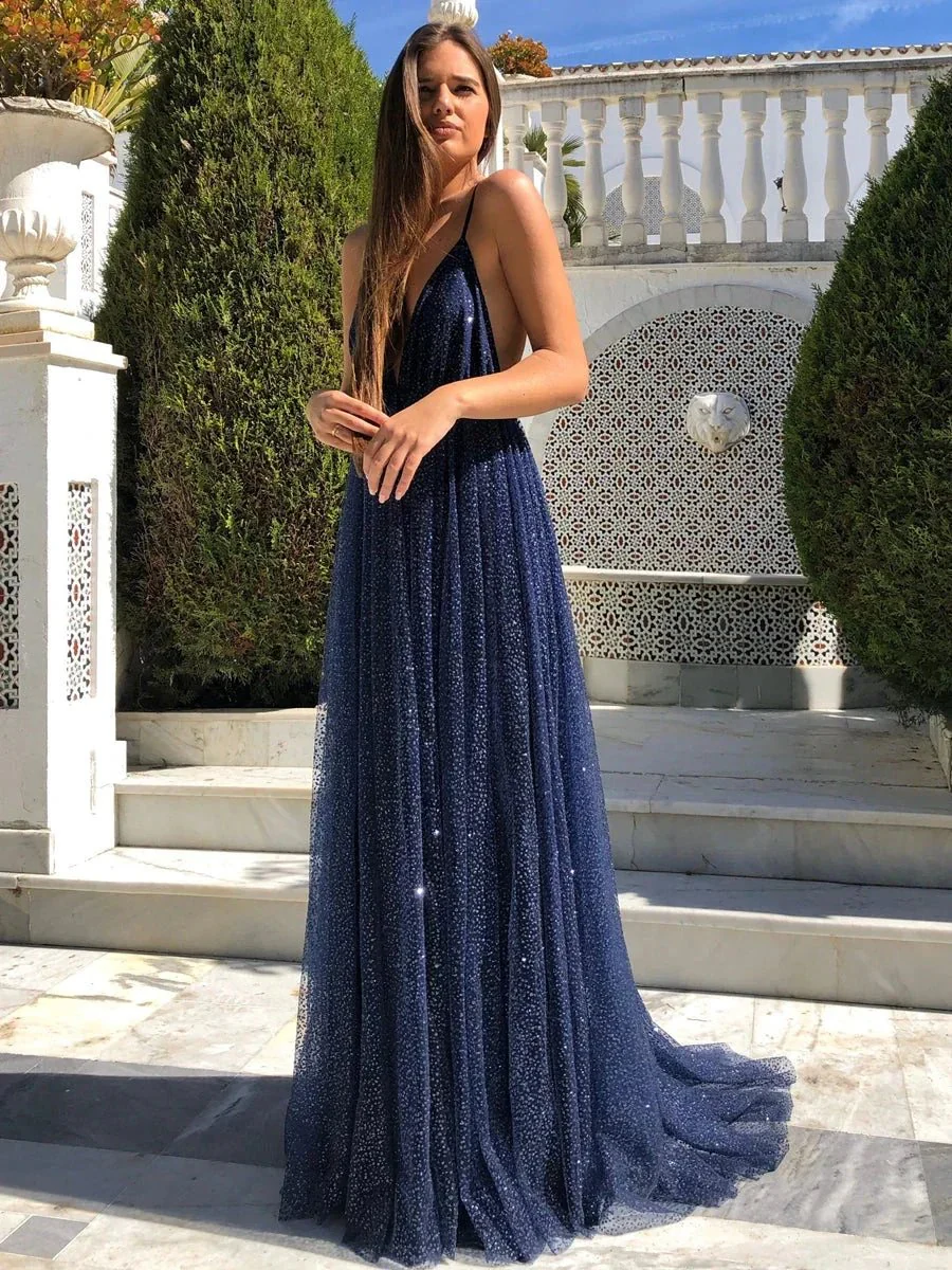 Navy Blue Long A-line V Neck Backless Sparkly Open Back Formal Evening Prom Dresses - Image 2