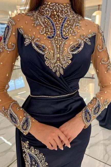Navy Blue Long Glitter Evening Dresses Prom Dresses With Sleeves - Image 2
