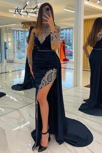 Navy Blue Long Glitter Evening Dresses Prom Dresses With Sleeves - Image 3