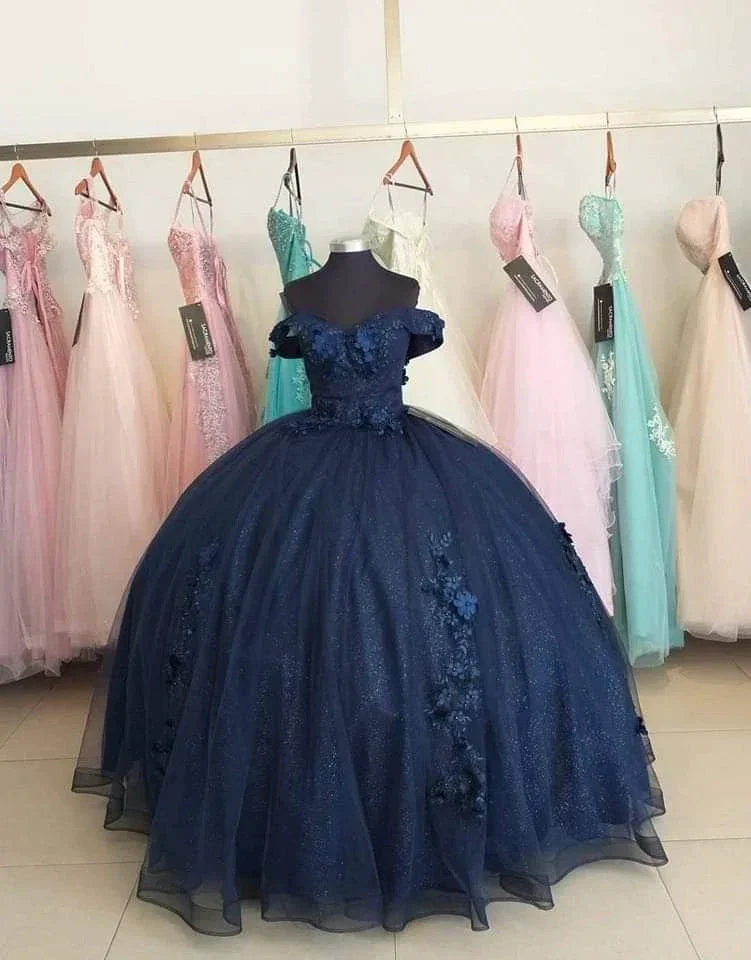 Navy Blue Off The Shoulder Sparkly Ball Gown,Princess Dress Y4426 - Image 2
