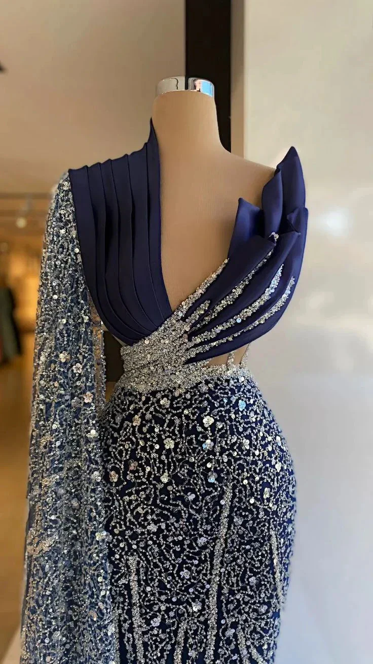 Navy Blue One Shoulder Evening Dresses V Neck Prom Gowns Custom Made Sequin Sparkly Formal Party Dresses Y4936 - Image 2