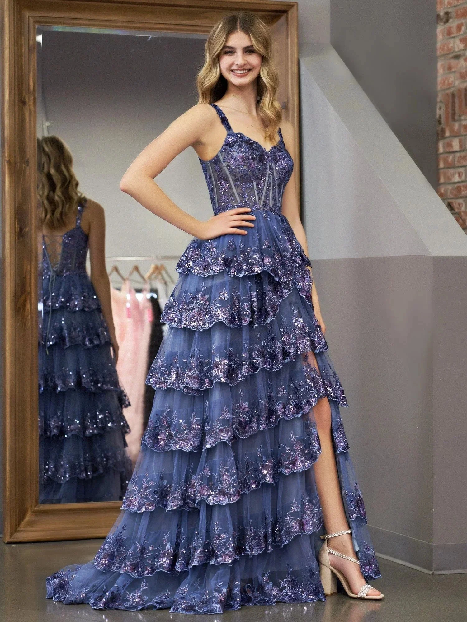 Grey Blue Princess A Line Off the Shoulder Corset Prom Dress with Lace Ruffles - Image 2