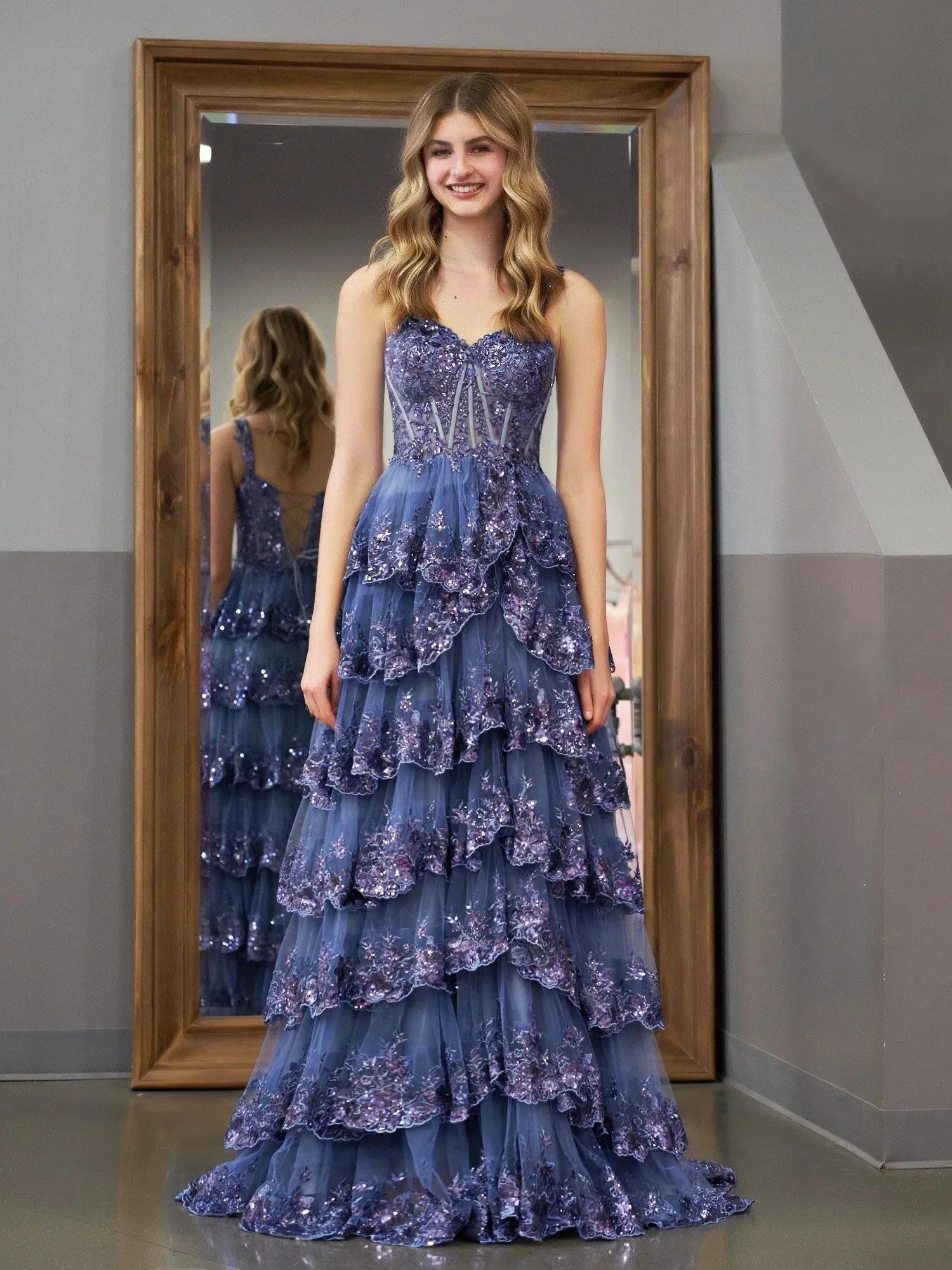 Grey Blue Princess A Line Off the Shoulder Corset Prom Dress with Lace Ruffles - Image 3