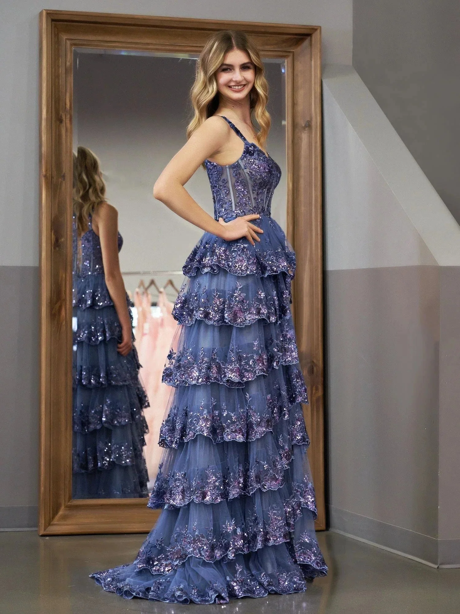 Grey Blue Princess A Line Off the Shoulder Corset Prom Dress with Lace Ruffles - Image 4