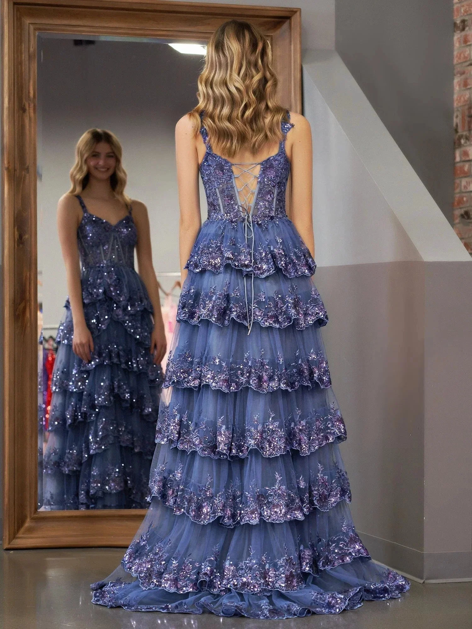 Grey Blue Princess A Line Off the Shoulder Corset Prom Dress with Lace Ruffles - Image 6