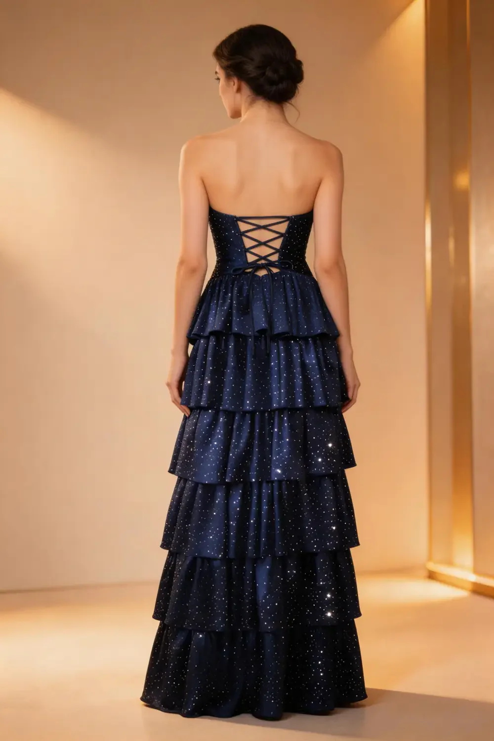 Navy Blue Sparkly Strapless Tiered Prom Dress Evening Gown - Image 2