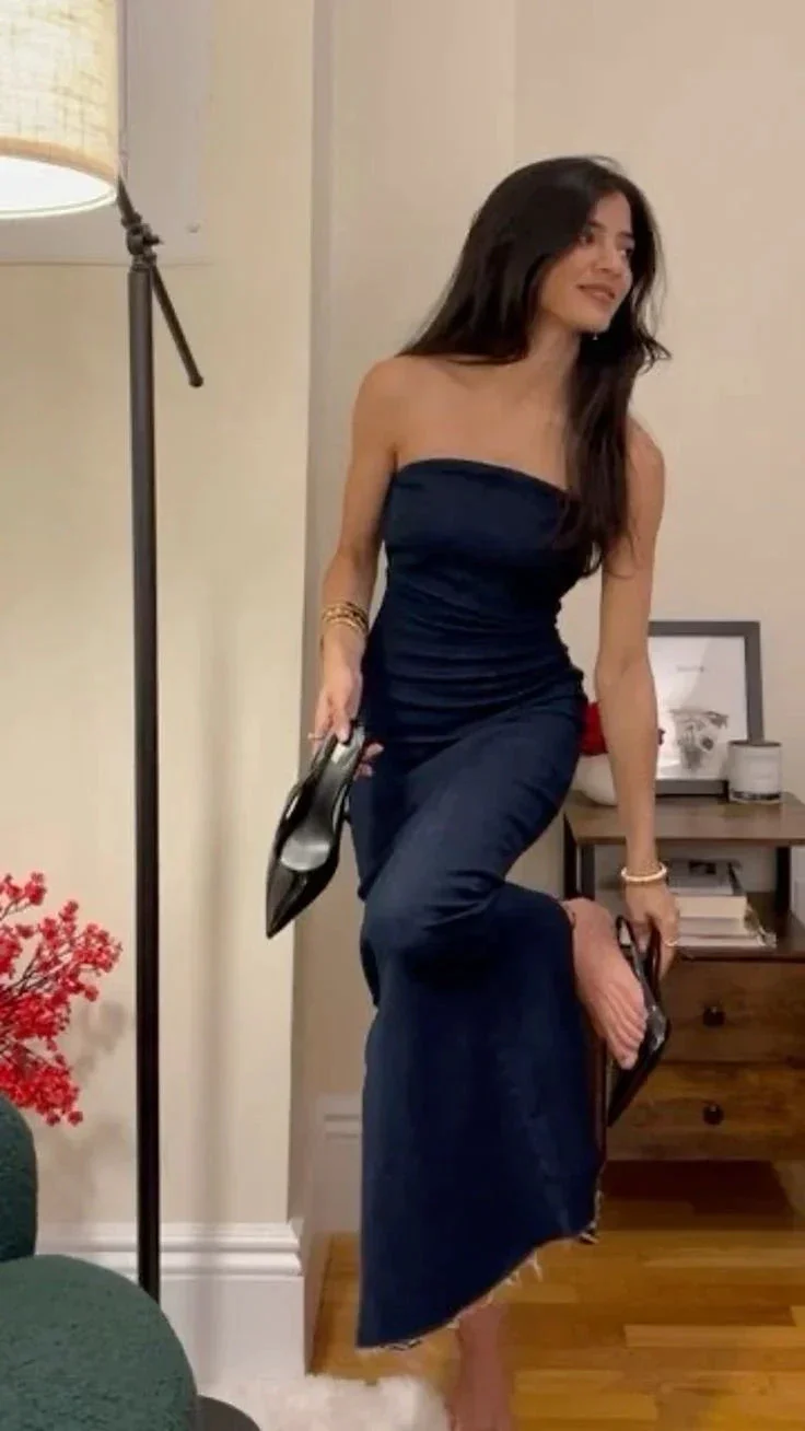 Navy Blue Strapless Bodycon Dress Simple Evening Dress Y6316 - Image 2