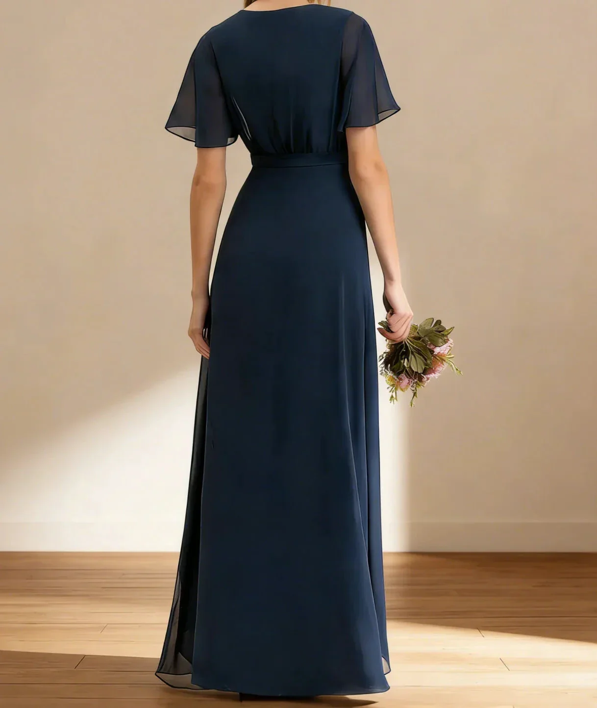 Navy Chiffon Bridesmaid Gown With Flutter Sleeves - Image 2