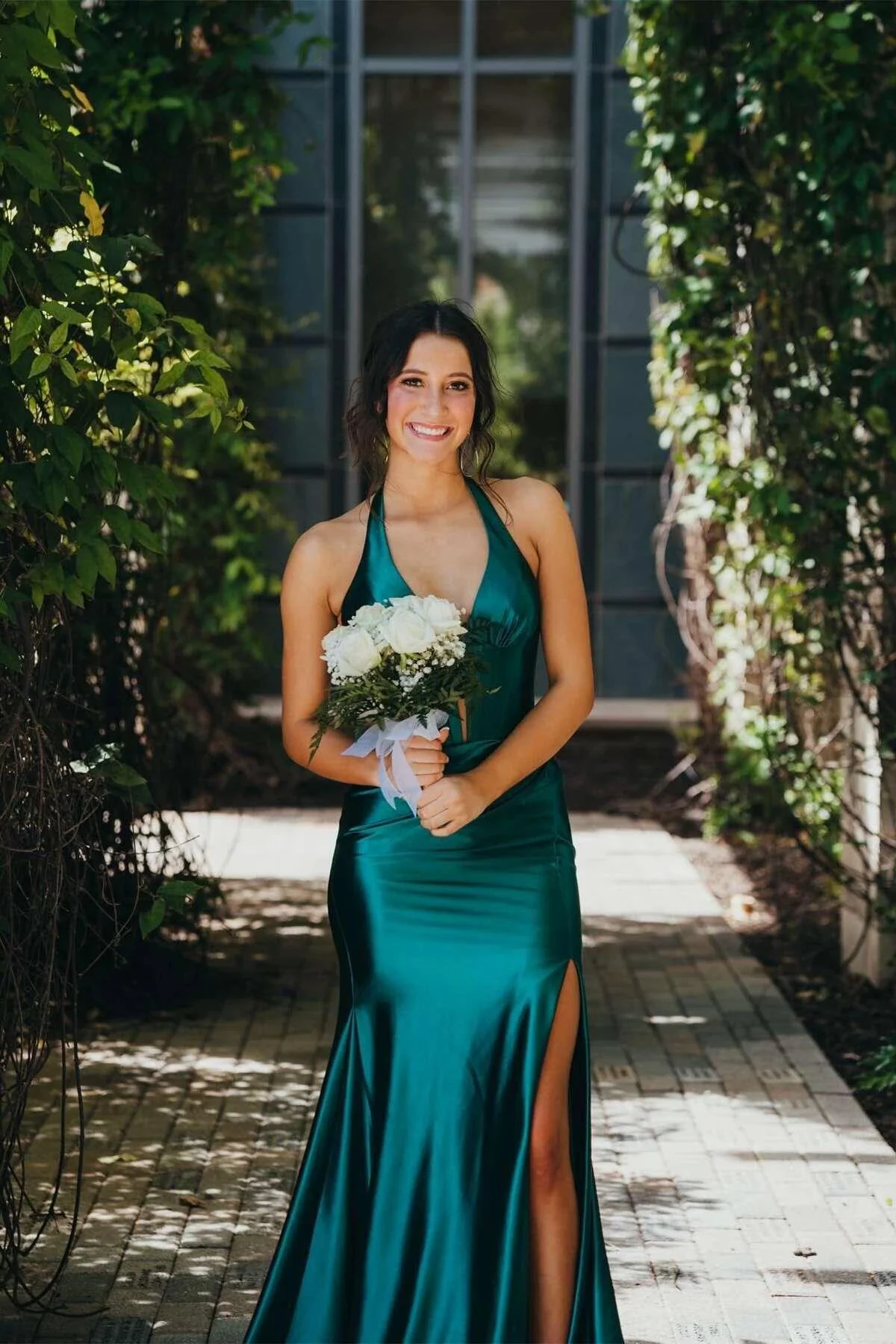 Josie | Navy Halter Corset Mermaid Plunging Deep V-neck Ruched Long Formal Dress with Slit - Image 2