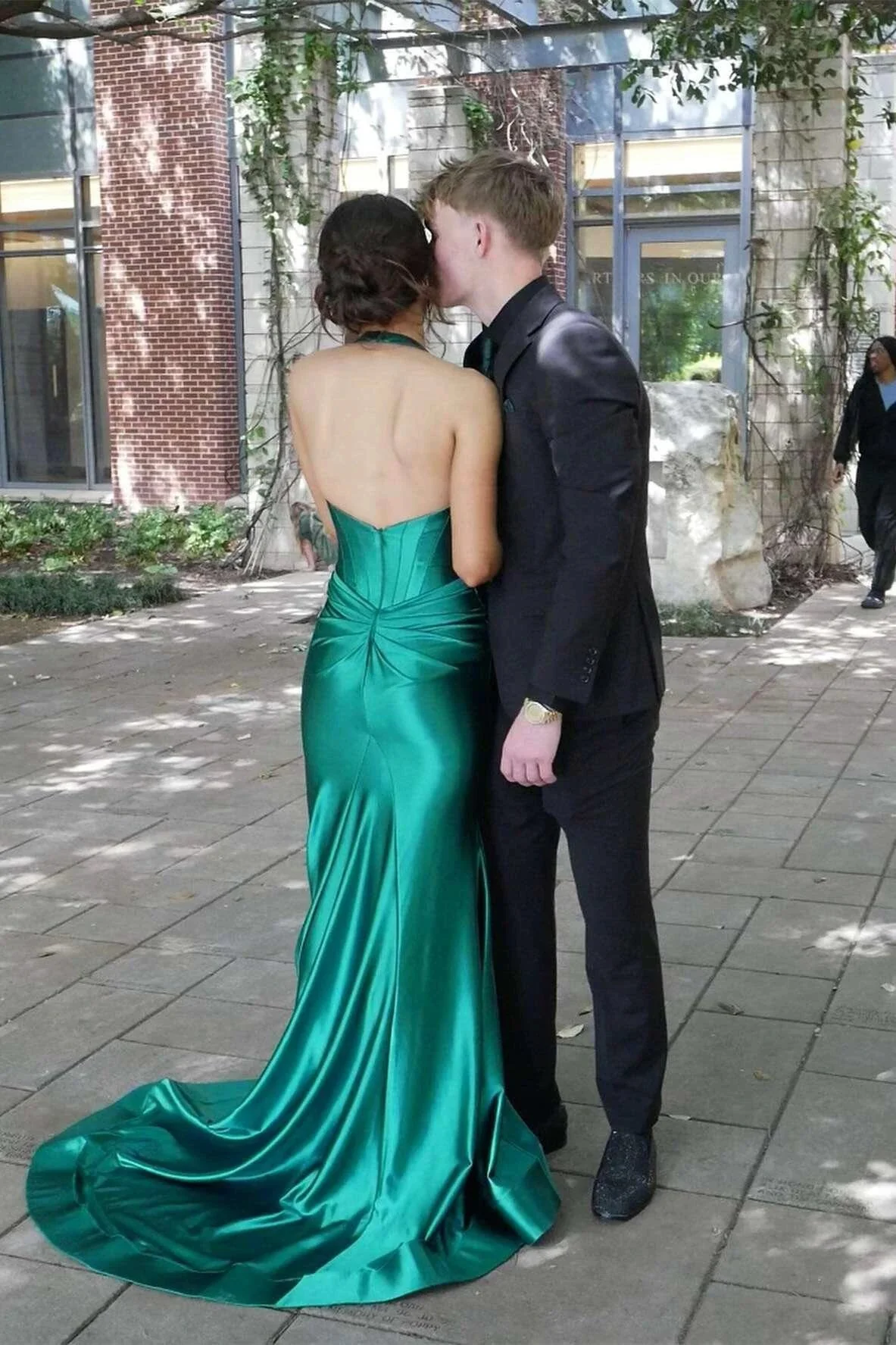 Josie | Navy Halter Corset Mermaid Plunging Deep V-neck Ruched Long Formal Dress with Slit - Image 3
