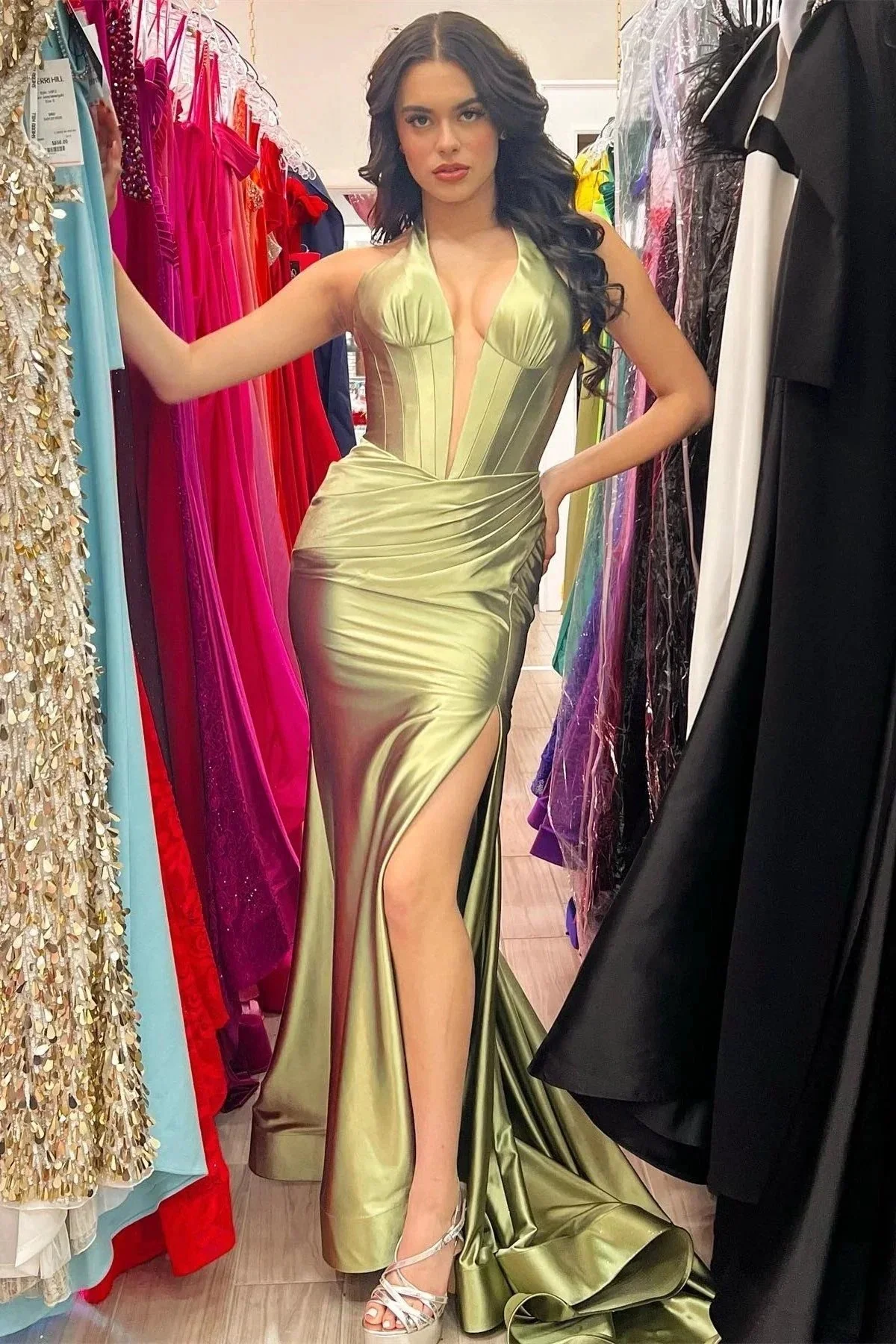 Josie | Navy Halter Corset Mermaid Plunging Deep V-neck Ruched Long Formal Dress with Slit - Image 6