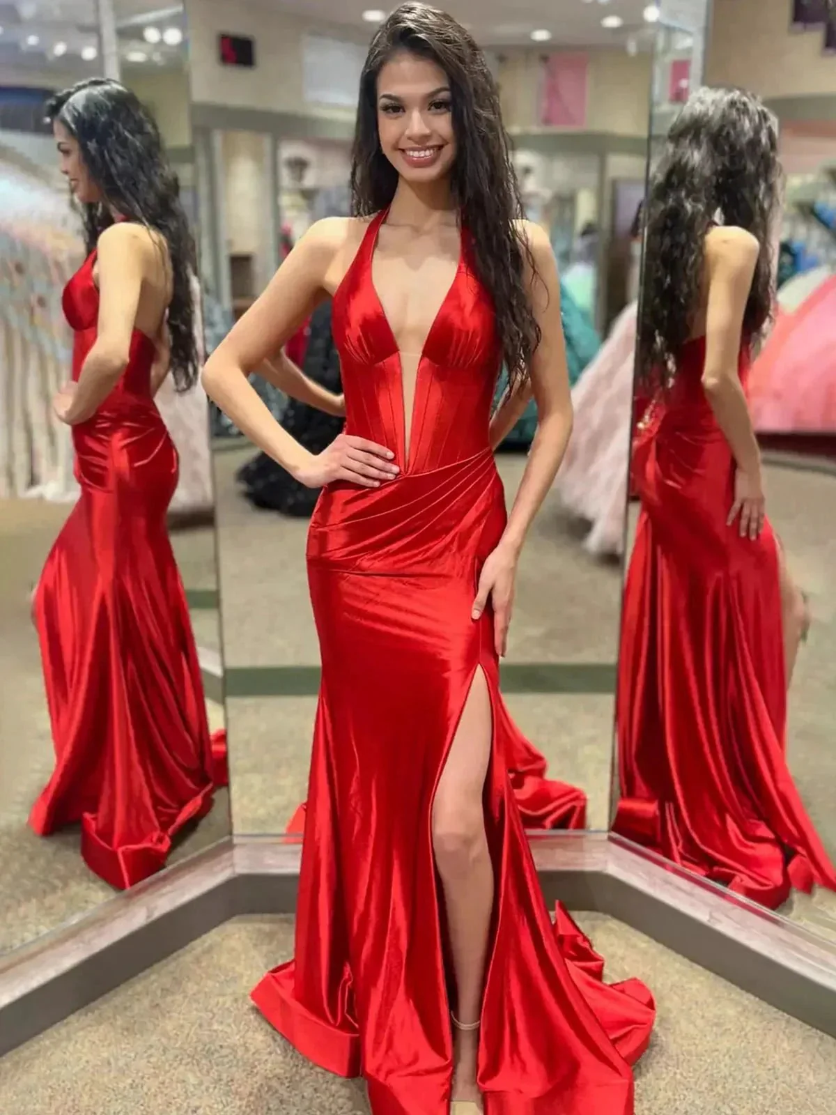 Josie | Navy Halter Corset Mermaid Plunging Deep V-neck Ruched Long Formal Dress with Slit - Image 8
