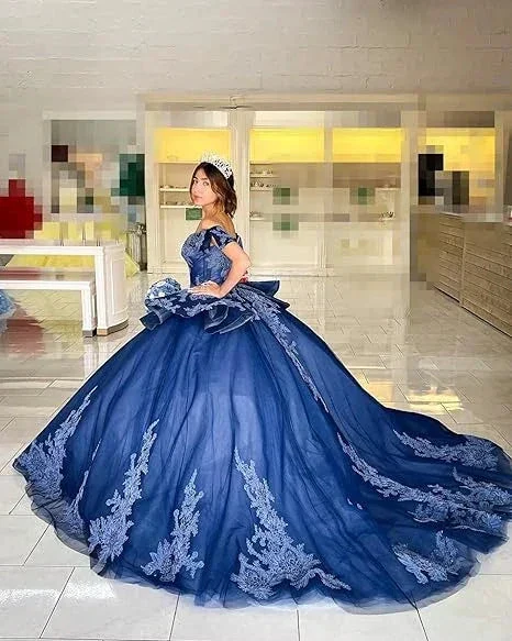Navy Off The Shoulder Tulle Lace Quinceanera Dress,Navy Blue Ball Gown Sweet 15 Dress  Y2985 - Image 2