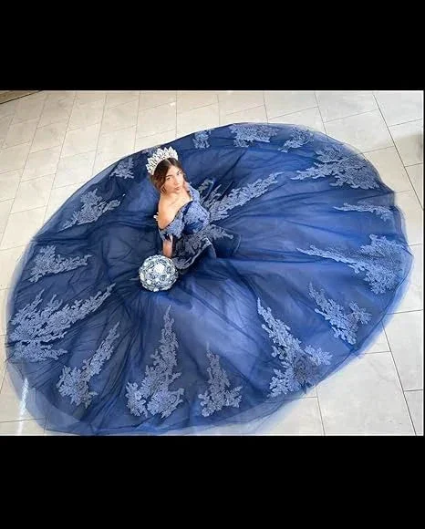 Navy Off The Shoulder Tulle Lace Quinceanera Dress,Navy Blue Ball Gown Sweet 15 Dress  Y2985 - Image 3