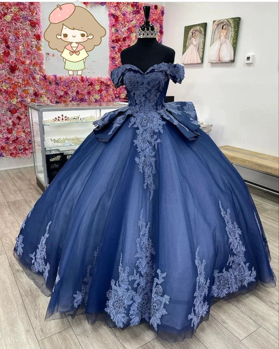 Navy Off The Shoulder Tulle Lace Quinceanera Dress,Navy Blue Ball Gown Sweet 15 Dress  Y2985 - Image 4