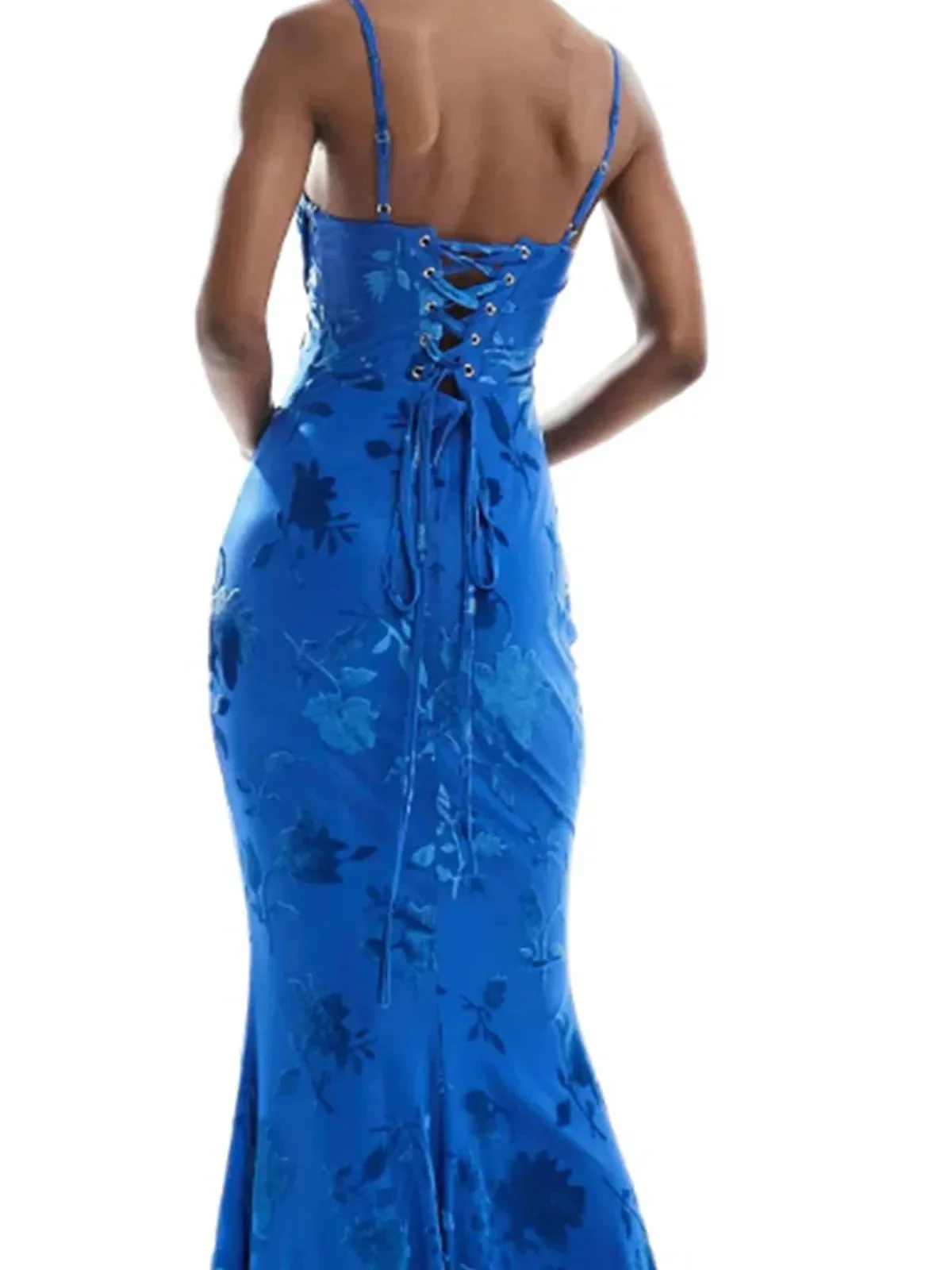 Naylea | Royal Blue Spaghetti Straps Satin Mermaid Long Prom Dress - Image 2