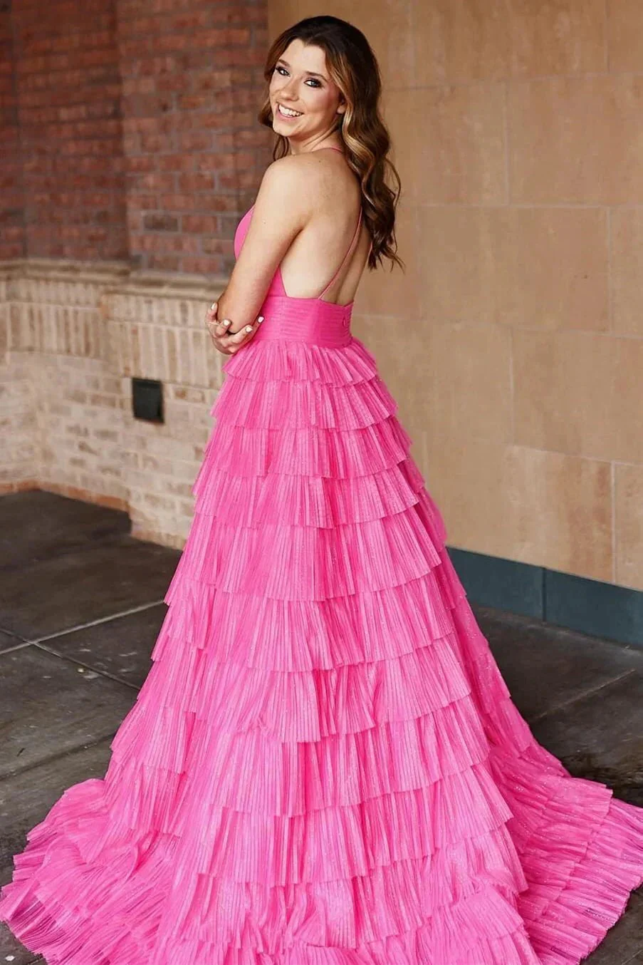 Nebula | Pleated Fuchsia Straps Ruffle Layered Formal Dress - Image 2