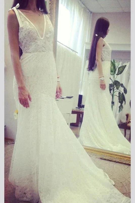 Neck Sleeveless Pretty Mermaid Gown With Deep V Back Long Lace Elegant Wedding Dresses - Image 2