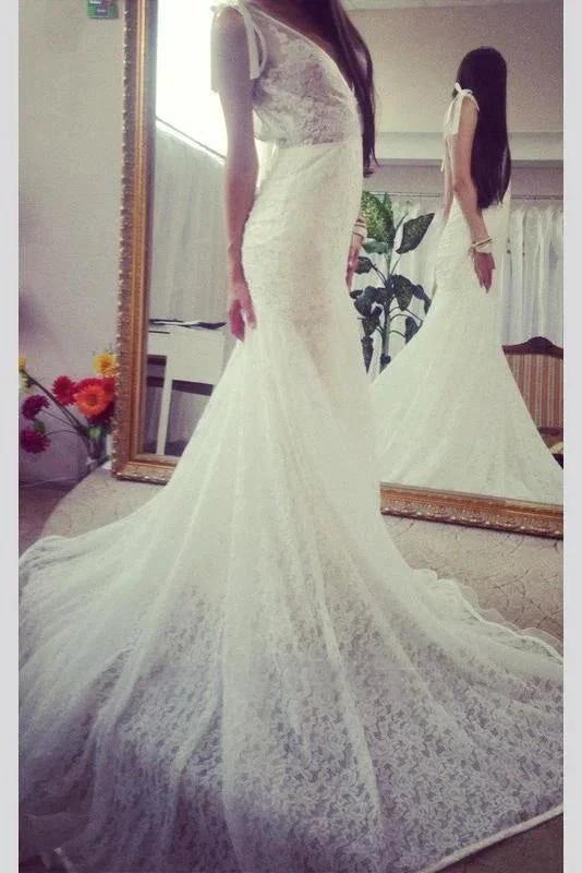Neck Sleeveless Pretty Mermaid Gown With Deep V Back Long Lace Elegant Wedding Dresses - Image 3