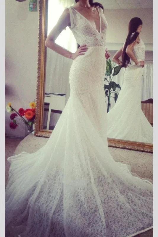 Neck Sleeveless Pretty Mermaid Gown With Deep V Back Long Lace Elegant Wedding Dresses - Image 4