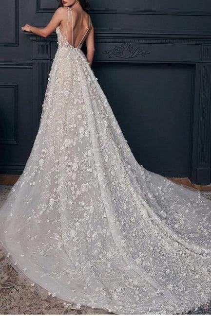 Nectarean V-Neck Sleeveless A-Line Floor-Length Lace Wedding Dresses with Chapel Train - Image 2