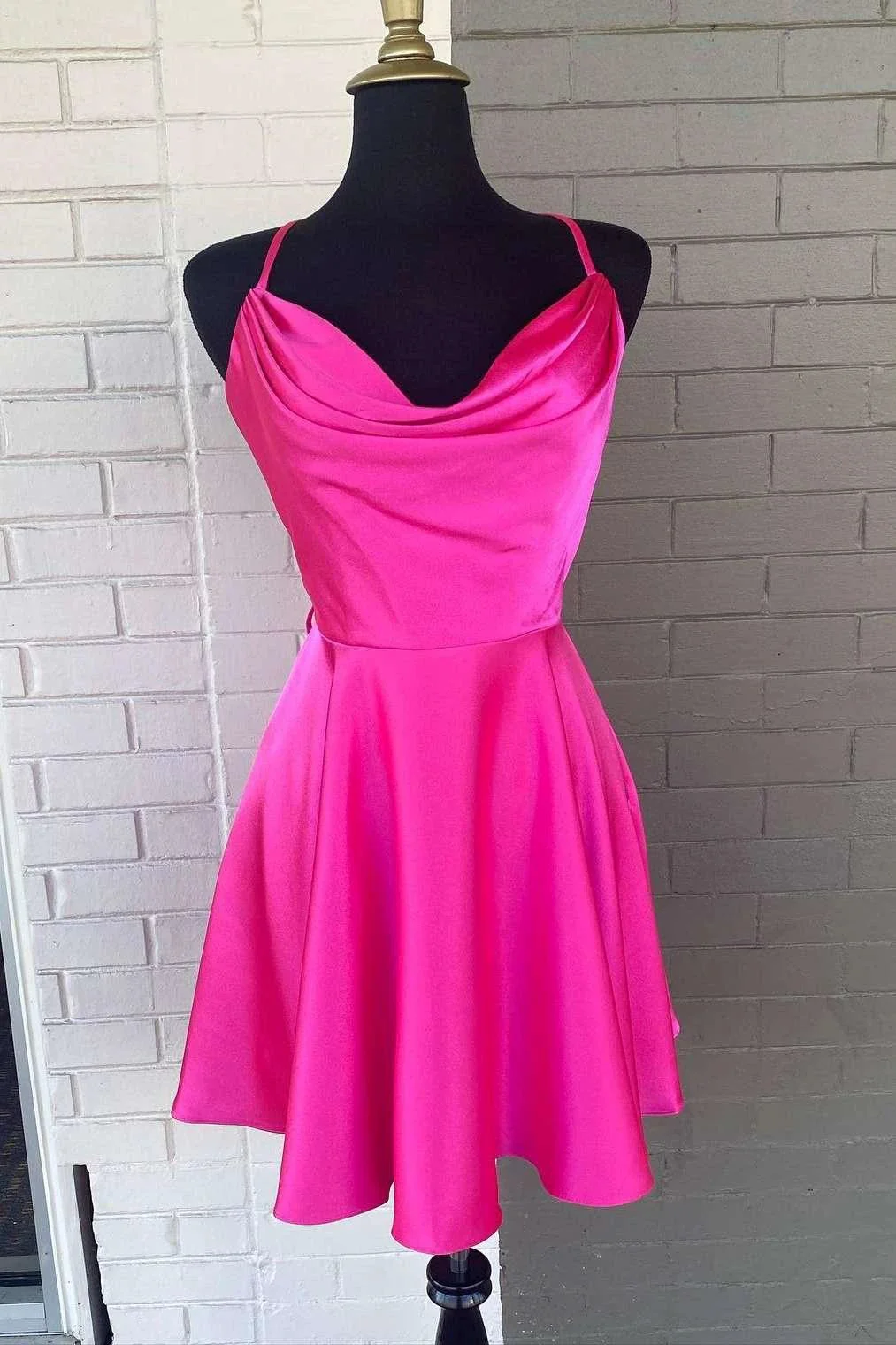 Neon Pink Cowl Neck A-Line Homecoming Dress Y286 - Image 2