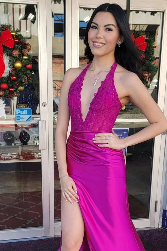 Nerute | Fuchsia Lace Applique Satin High Slit Mermaid Prom Dress - Image 2