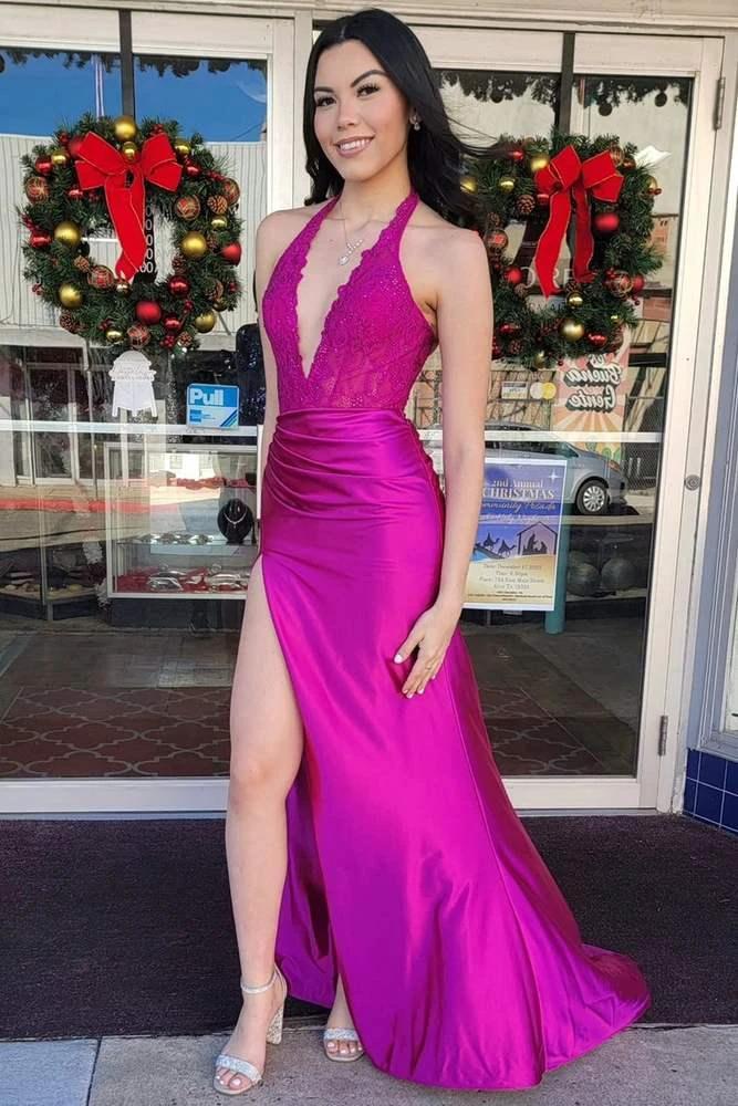 Nerute | Fuchsia Lace Applique Satin High Slit Mermaid Prom Dress - Image 3