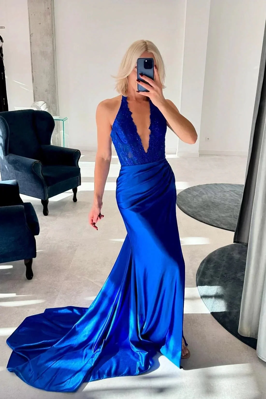 Nerute | Fuchsia Lace Applique Satin High Slit Mermaid Prom Dress - Image 5