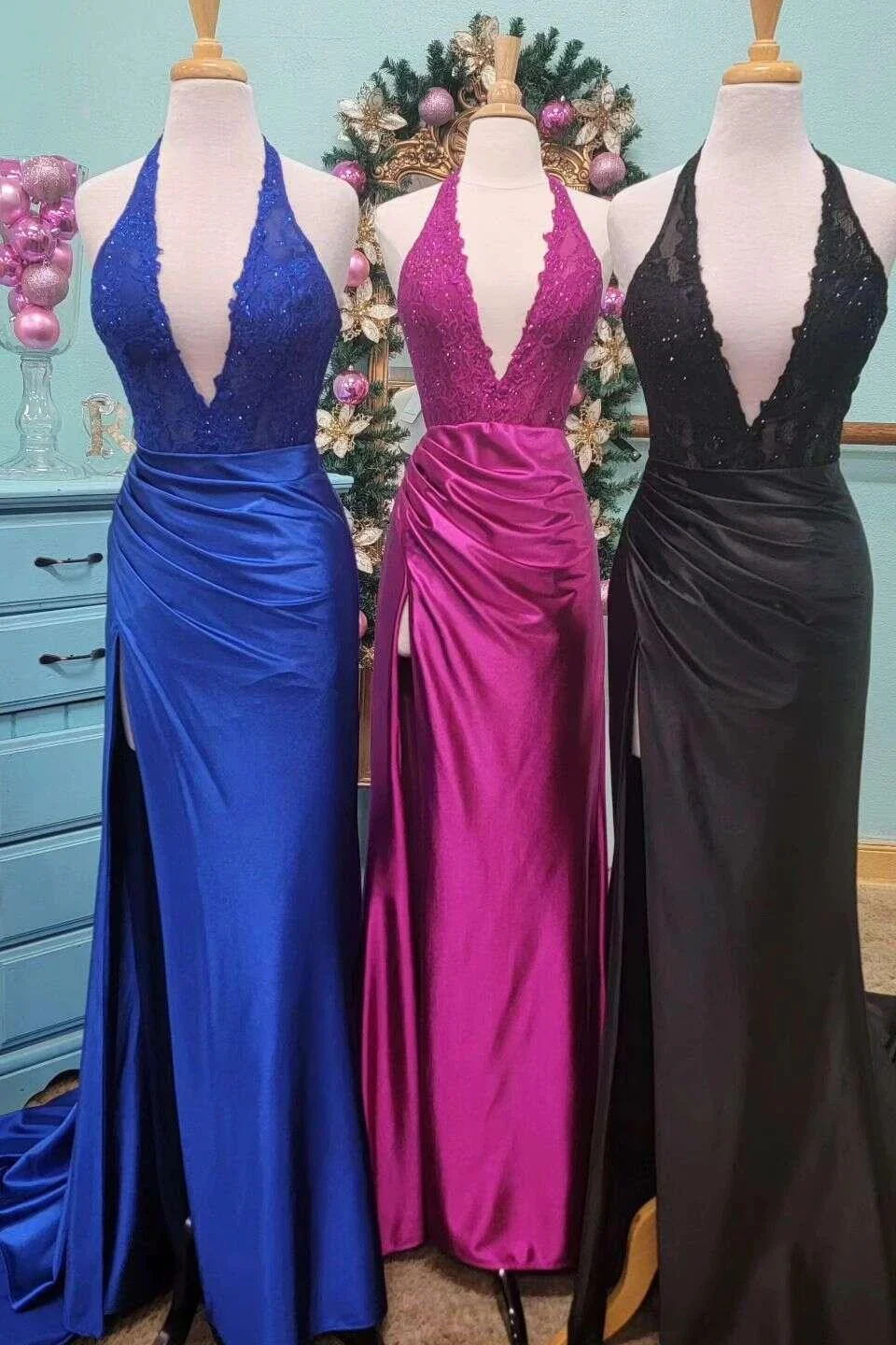 Nerute | Fuchsia Lace Applique Satin High Slit Mermaid Prom Dress - Image 9