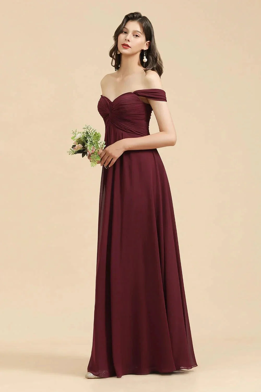 New Arrival A-line Off-the-shoulder Sweetheart Burgundy Long Bridesmaid Dress - Image 2