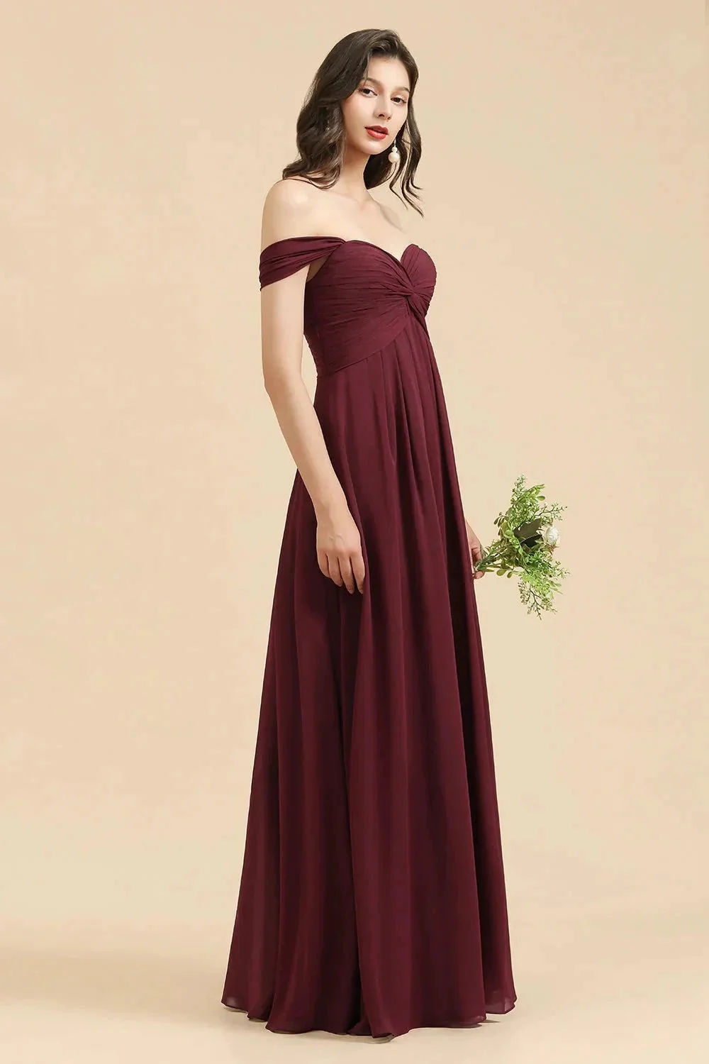 New Arrival A-line Off-the-shoulder Sweetheart Burgundy Long Bridesmaid Dress - Image 3