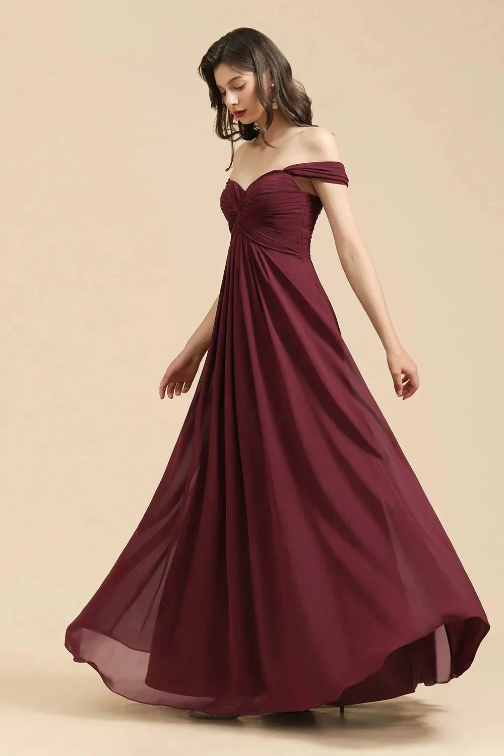 New Arrival A-line Off-the-shoulder Sweetheart Burgundy Long Bridesmaid Dress - Image 5