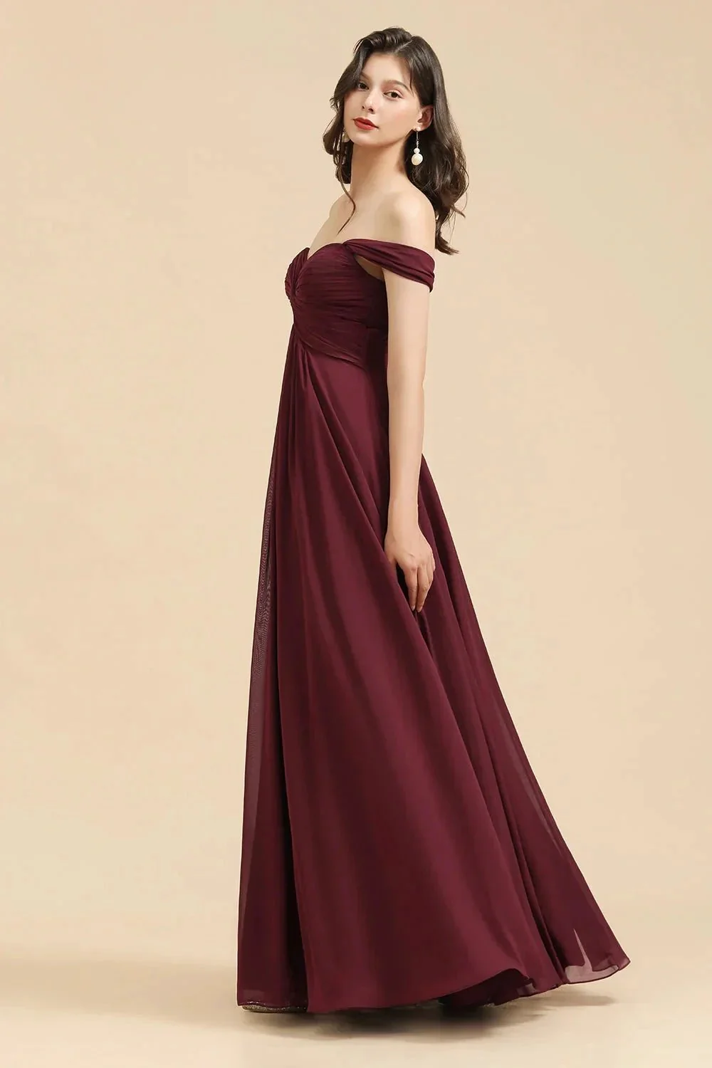 New Arrival A-line Off-the-shoulder Sweetheart Burgundy Long Bridesmaid Dress - Image 6