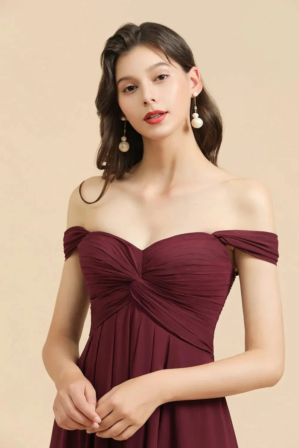 New Arrival A-line Off-the-shoulder Sweetheart Burgundy Long Bridesmaid Dress - Image 7