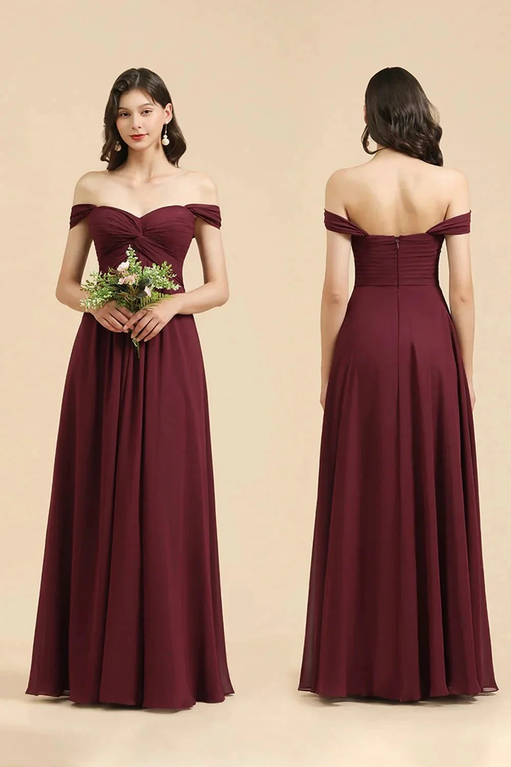 New Arrival A-line Off-the-shoulder Sweetheart Burgundy Long Bridesmaid Dress - Image 8