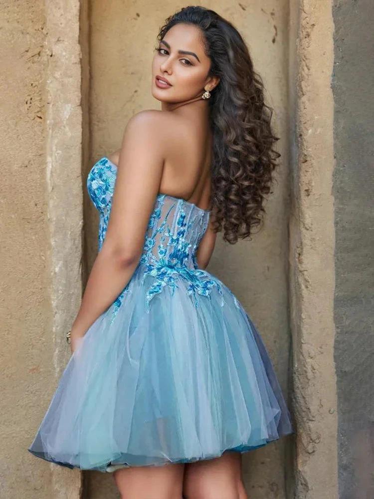 A Line Illusion Appliques Homecoming Dresses with Detachable Sleeves - Image 2