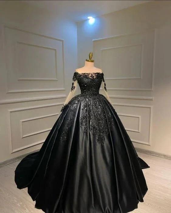 New Arrival Black Long Sleeves Satin Ball Gown Y1479 - Image 2