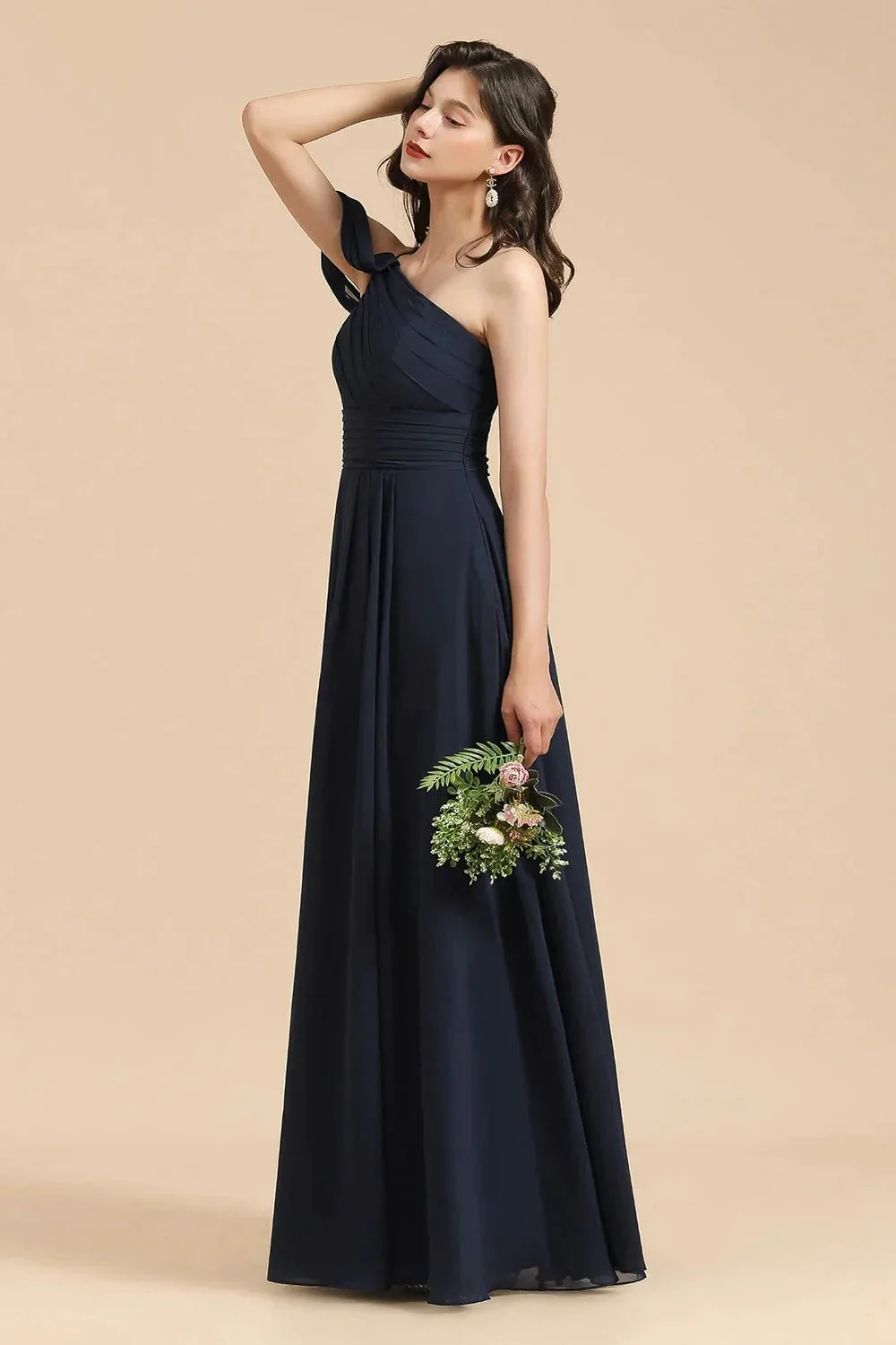 New Arrival Black One Shoulder A-line Long Bridesmaid Dress - Image 4