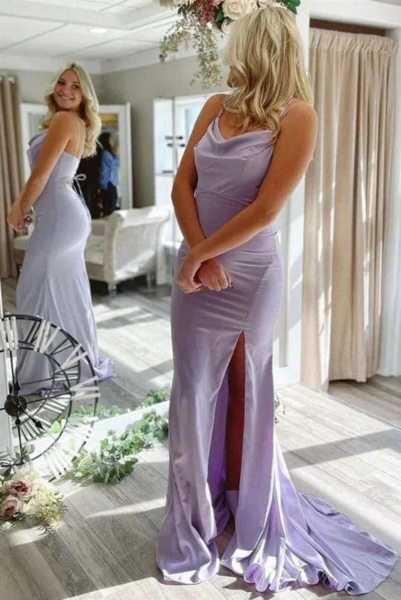 New arrival evening dresses spaghetti straps lavender with slit satin prom dress Y912 - Image 2