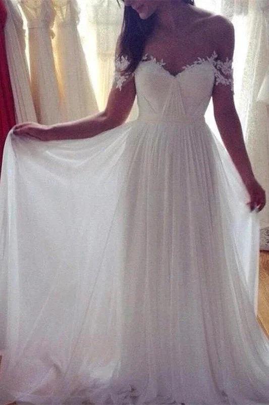 Sweep Train Chiffon Sleeveless Applique Lace Off-the-Shoulder Wedding Dress - Image 2