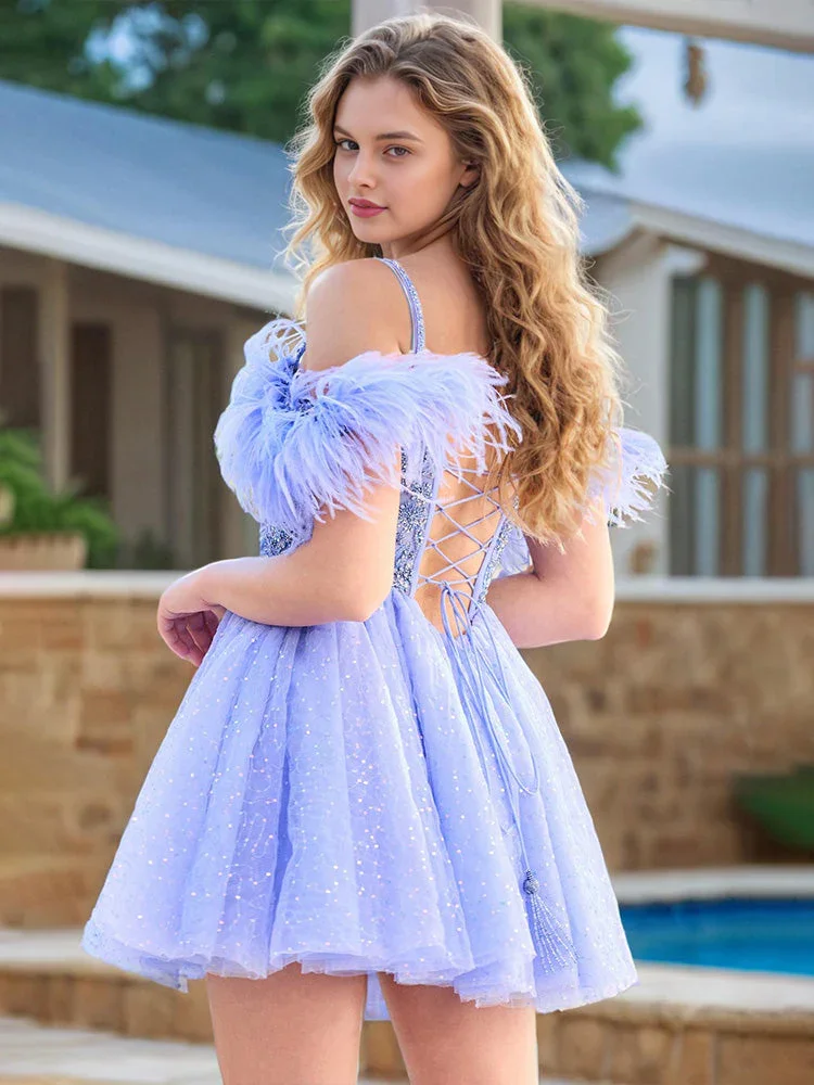 A-Line Off-the-shoulder Beading Tulle Homecoming Dresses with Feathers - Image 2