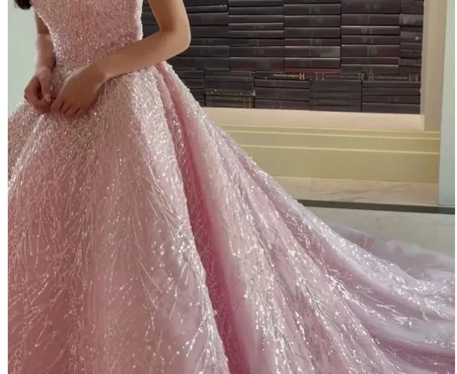 New Arrival Pink Straps Sequin Beaded Long Ball Gown Formal Occasion Gowns Y4918 - Image 2