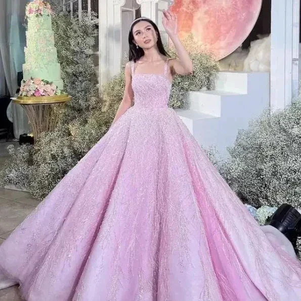New Arrival Pink Straps Sequin Beaded Long Ball Gown Formal Occasion Gowns Y4918 - Image 3