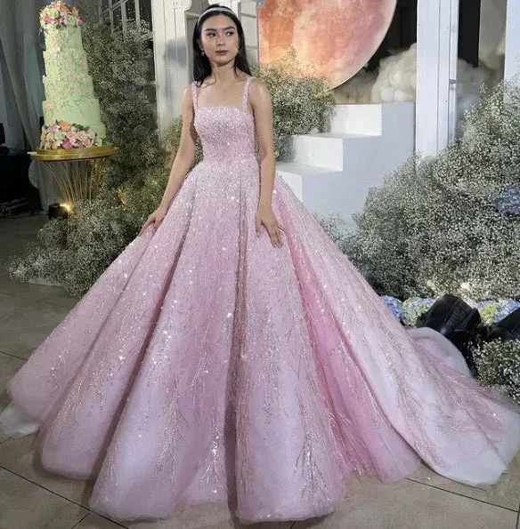 New Arrival Pink Straps Sequin Beaded Long Ball Gown Formal Occasion Gowns Y4918 - Image 4