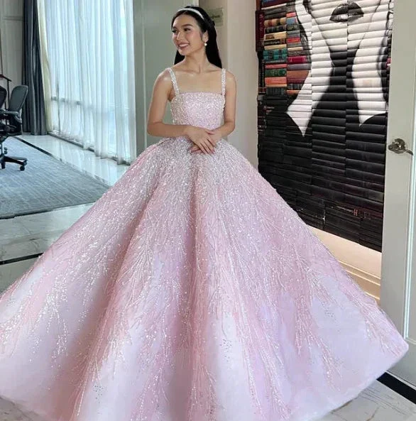 New Arrival Pink Straps Sequin Beaded Long Ball Gown Formal Occasion Gowns Y4918 - Image 5