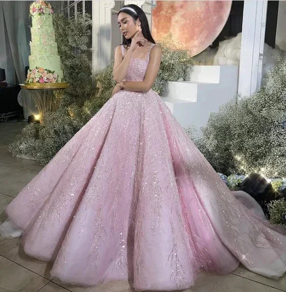 New Arrival Pink Straps Sequin Beaded Long Ball Gown Formal Occasion Gowns Y4918 - Image 6