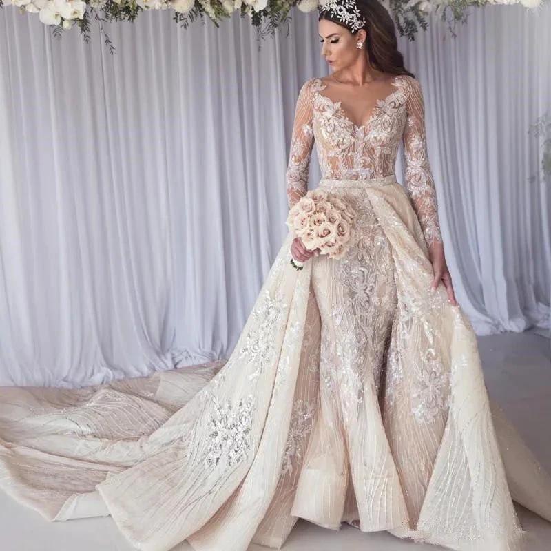 Beautiful Long Sleeves Lace Mermaid Overskirt Wedding Dress Bridal Wears - Image 2