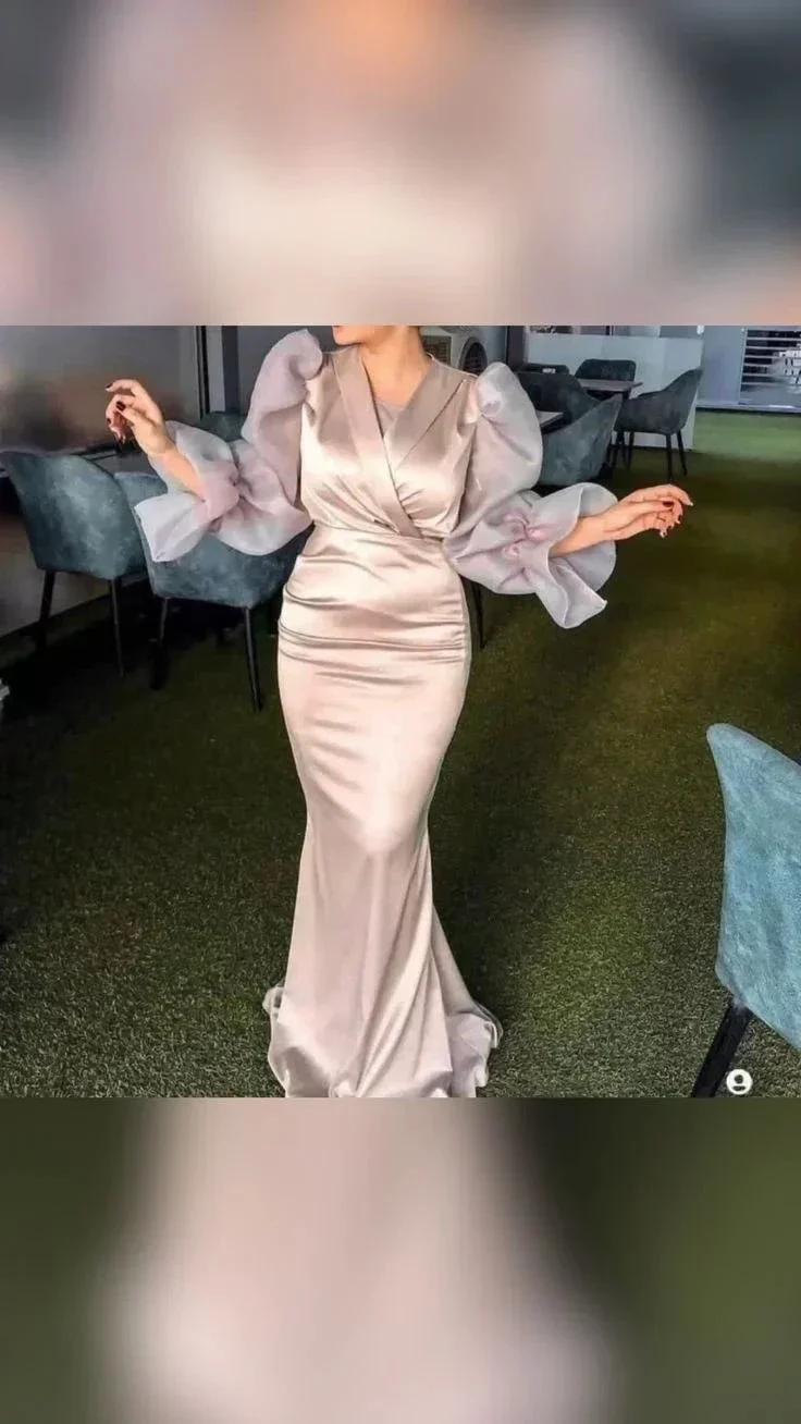 New Arrival Satin V Neck Evening Dress Long Sleeve Dubai Evening Gowns Y4940 - Image 2