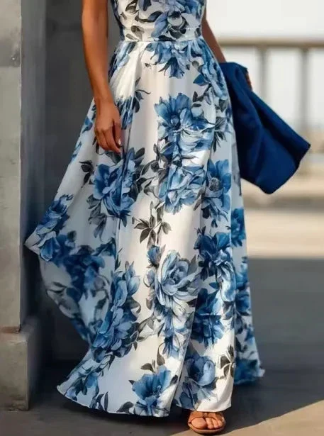 New Arrive Sleeveless Satin Floral Print Halter Neck A Line Evening Dress Blue Prom Dress Y8480 - Image 2